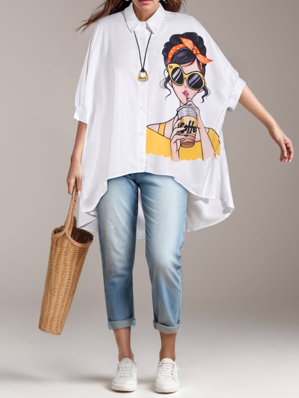 Moteriška palaidinė su ilgomis rankovėmis, V formos kaklas, laisvas siluetas, sagos priekyje, poliesteris 95%+