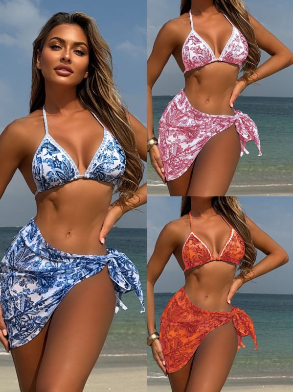 Три parts бански костюм с ретро принт, дантела и секси стил, подплатено горнище, без метална опора