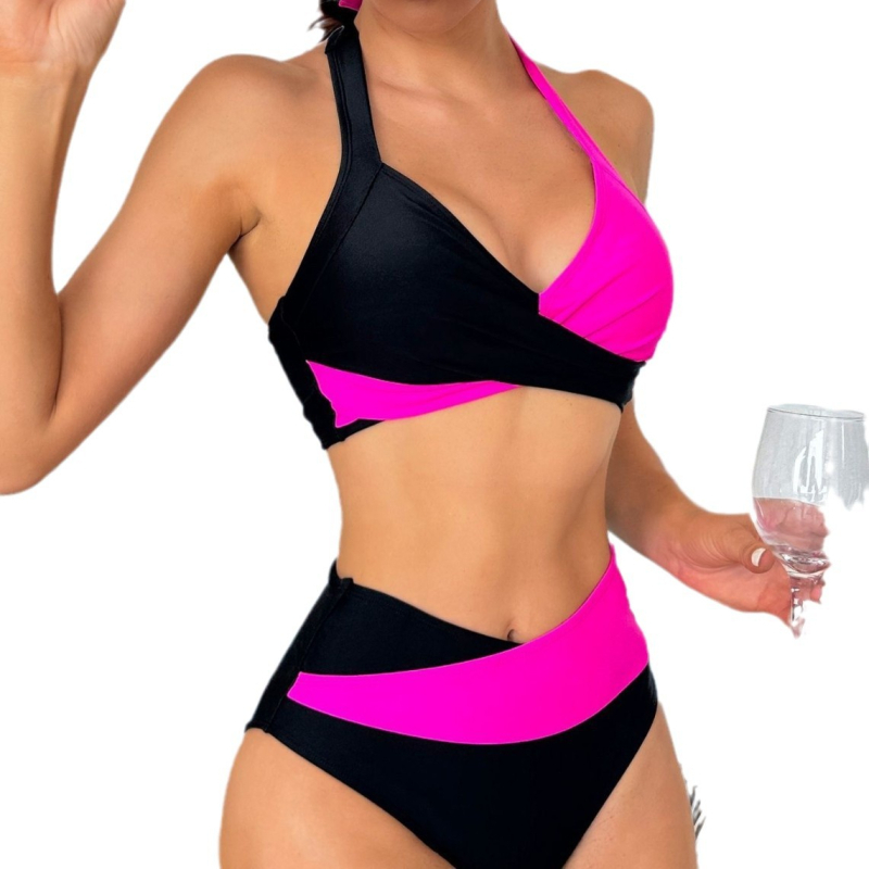 Kahestükline bikini halterneck ja värvi-blokkiga, kõrge vöökoht, padjakesed