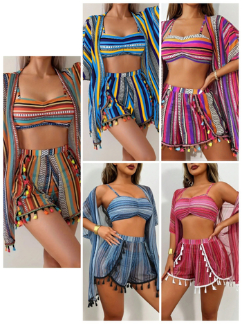 Seksikas tasseliga päikesekaitsekattev bikini neljaosaga komplekt, rinnahoidja padjad, kiiresti kuivav polüester-spandeks kangas, vooder