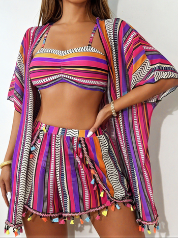 Seksikas tasseliga päikesekaitsekattev bikini neljaosaga komplekt, rinnahoidja padjad, kiiresti kuivav polüester-spandeks kangas, vooder