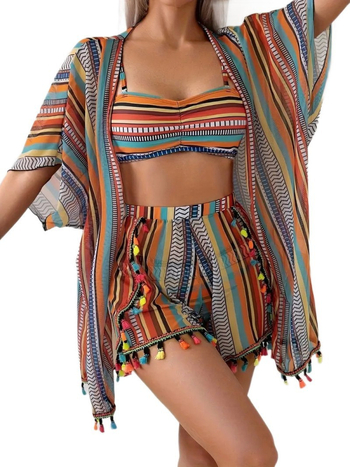 Seksikas tasseliga päikesekaitsekattev bikini neljaosaga komplekt, rinnahoidja padjad, kiiresti kuivav polüester-spandeks kangas, vooder