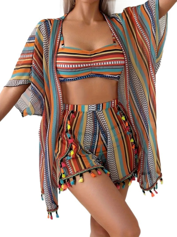 Seksikas tasseliga päikesekaitsekattev bikini neljaosaga komplekt, rinnahoidja padjad, kiiresti kuivav polüester-spandeks kangas, vooder