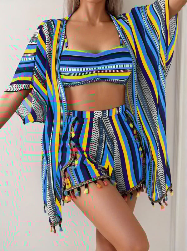 Seksikas tasseliga päikesekaitsekattev bikini neljaosaga komplekt, rinnahoidja padjad, kiiresti kuivav polüester-spandeks kangas, vooder