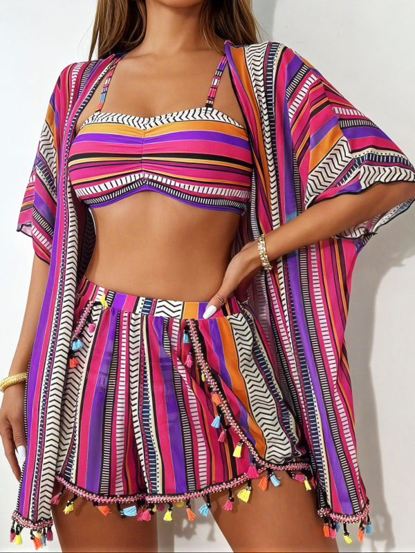 Seksikas tasseliga päikesekaitsekattev bikini neljaosaga komplekt, rinnahoidja padjad, kiiresti kuivav polüester-spandeks kangas, vooder