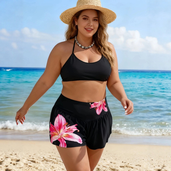 Naistele ujumishortsid lillemustriga, kõrge vöökoht, taskud, polüesterkangas koos spandexvooderdusega