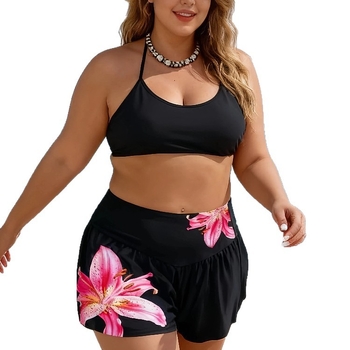 Naistele ujumishortsid lillemustriga, kõrge vöökoht, taskud, polüesterkangas koos spandexvooderdusega