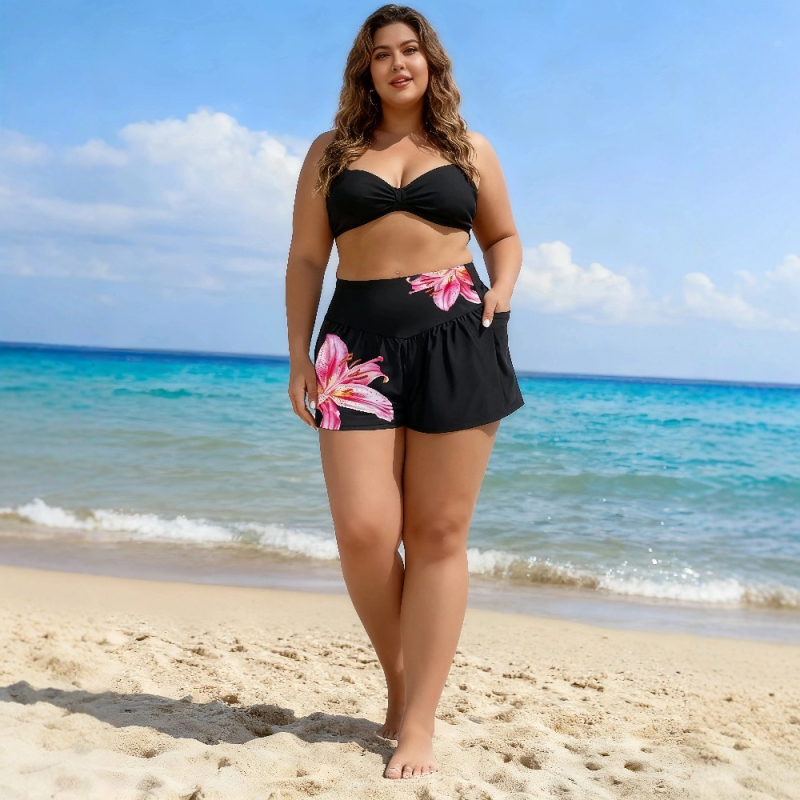 Naistele ujumishortsid lillemustriga, kõrge vöökoht, taskud, polüesterkangas koos spandexvooderdusega