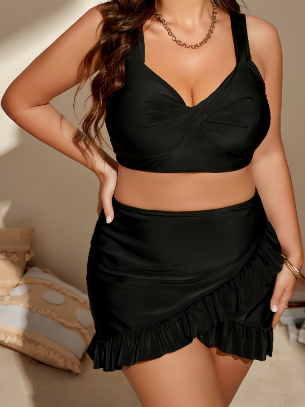 Naistele kahest osast peldkostüüm, kõrge vöö, volangid, rinna padjad, nailon