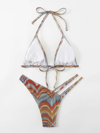 Kaheosaline randkostüüm, rinnataskudega, kolmnurkne ülaosa, trükk, polüesterkangas koos spandexi voodriga, kõrge elastsus