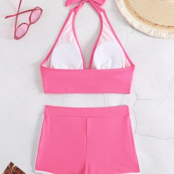 Дамски двучастен бански с дълбок V, подплатен, без банел, без метални подпори, едноцветен, висока талия, без гръб; плат: нейлон 80%, подплата спандекс 20%, тегло 250 g