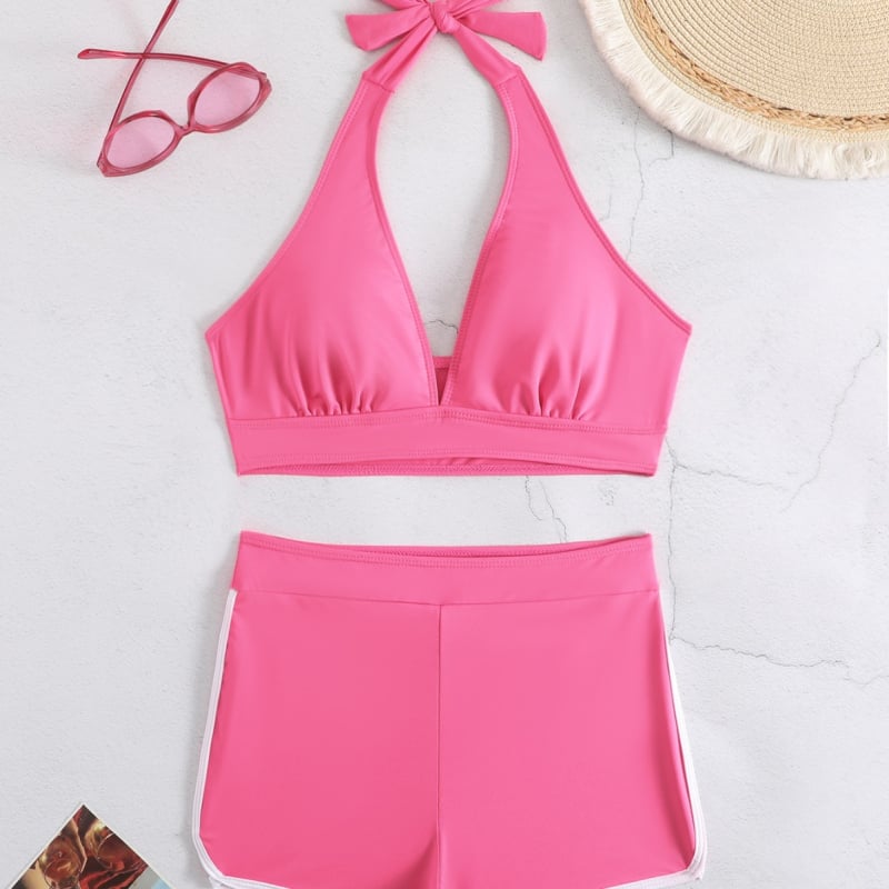 Дамски двучастен бански с дълбок V, подплатен, без банел, без метални подпори, едноцветен, висока талия, без гръб; плат: нейлон 80%, подплата спандекс 20%, тегло 250 g