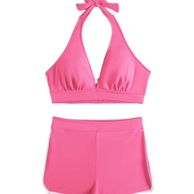 Дамски двучастен бански с дълбок V, подплатен, без банел, без метални подпори, едноцветен, висока талия, без гръб; плат: нейлон 80%, подплата спандекс 20%, тегло 250 g