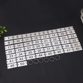 Roostevabast terasest ruudukujuline majanumbrimärk, kahekordsete aukudega, lõigatud ava kujundus, numbrid 1–50, valmis