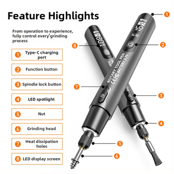 Електрическа шлайф-писалка с дигитален дисплей, въртящ се мини-гравиращ инструмент за полиране и пробиване, DIY инструмент, презареждаема литиева батерия, регулируема скорост без товар, с LED осветление