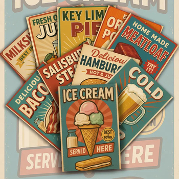 20 броя ретро комплект с тема ресторант: картички, стенни стикери, плакати, карти, стенен декор и реквизит за снимки