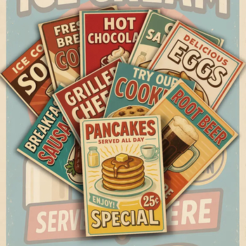 20 броя ретро комплект с тема ресторант: картички, стенни стикери, плакати, карти, стенен декор и реквизит за снимки