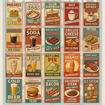 20 броя ретро комплект с тема ресторант: картички, стенни стикери, плакати, карти, стенен декор и реквизит за снимки