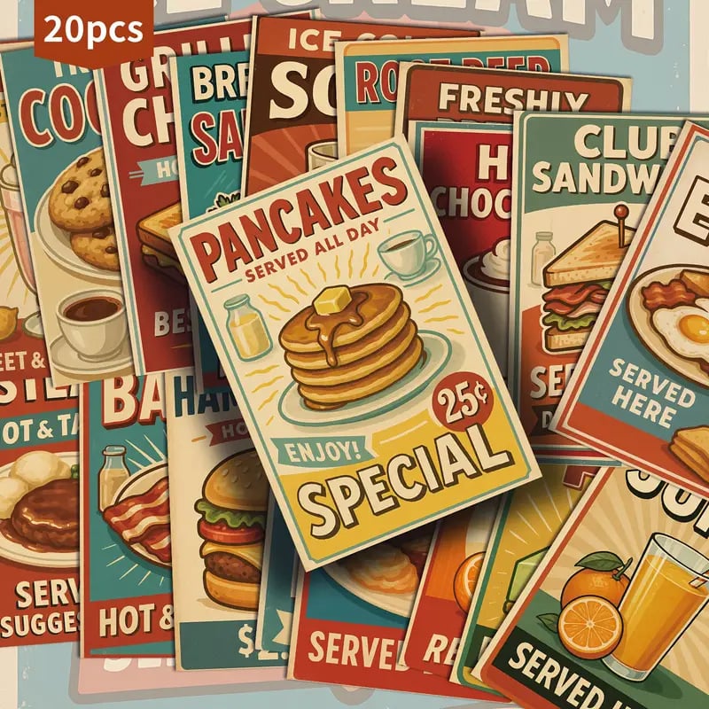 20 броя ретро комплект с тема ресторант: картички, стенни стикери, плакати, карти, стенен декор и реквизит за снимки