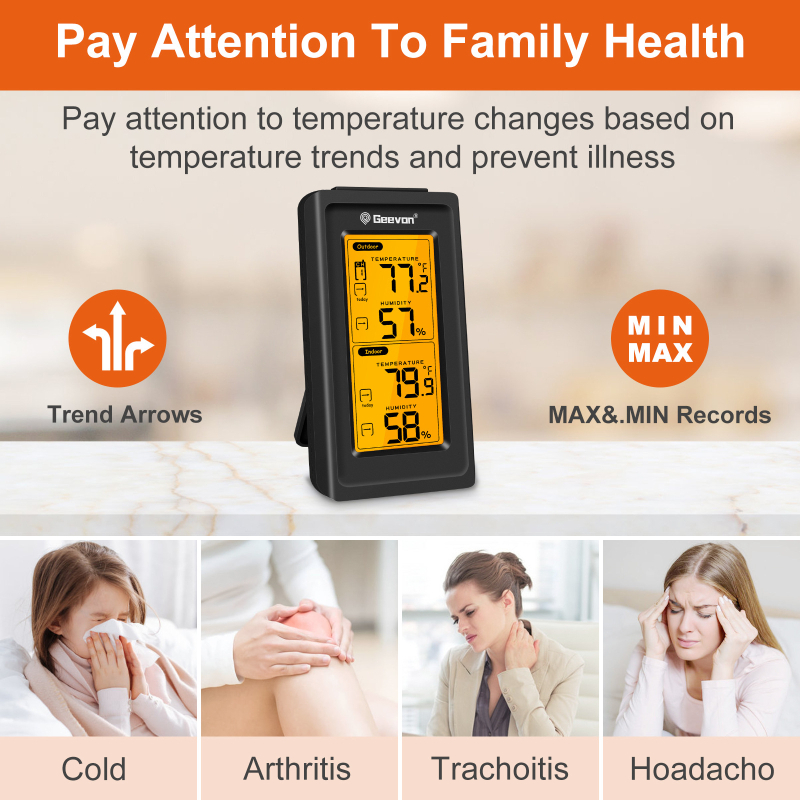 Geevon higrometras su LCD ekranu, baterijinis maitinimas, temperatūros rezoliucija ±1°C, belaidis perdavimas