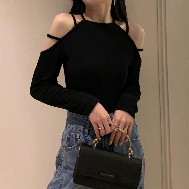 Топ с деколте до кръста, секси стил, прилепнал къс, изчистен и съблазнителен дамски топ, пролетен и есенен вътрешен слой, тениска с открити рамене, зимен