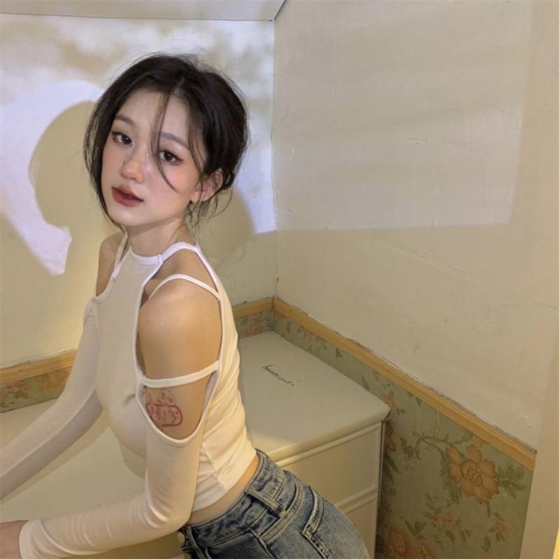 Топ с деколте до кръста, секси стил, прилепнал къс, изчистен и съблазнителен дамски топ, пролетен и есенен вътрешен слой, тениска с открити рамене, зимен