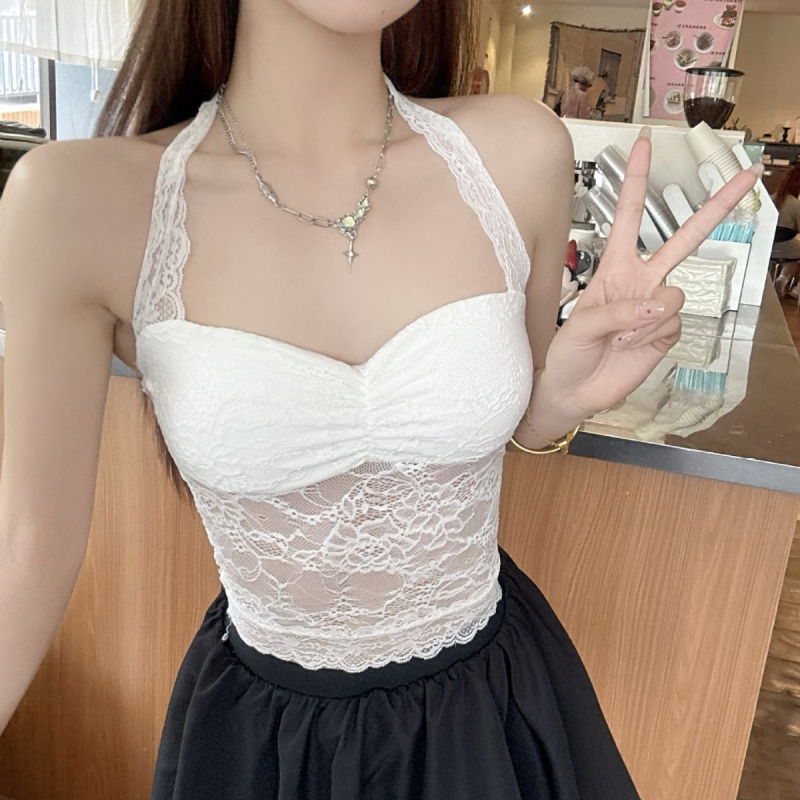 Niilonist halterneck topp pitsiga, läbipaistev, rinnapatjadega, täis kauss