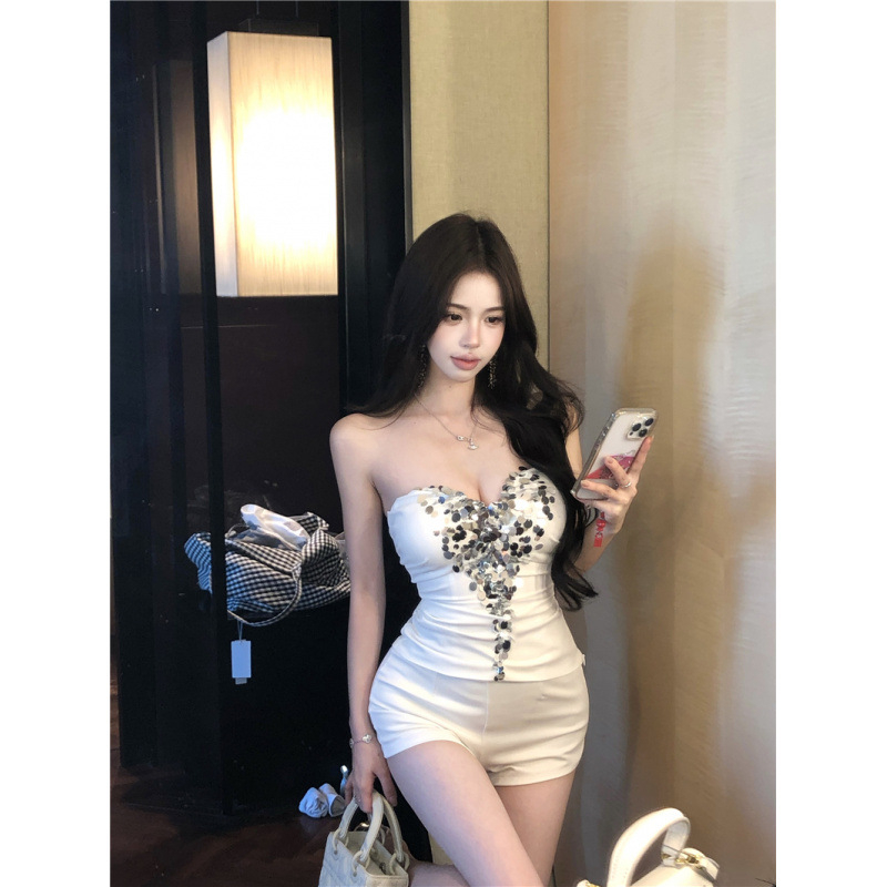 Sequinidega kaunistatud torutop sisseehitatud rindade padjaga — suvi 2022, akrüülkiud, 95%+ sisaldus, linnalik stiil, täiskasvanud naistele