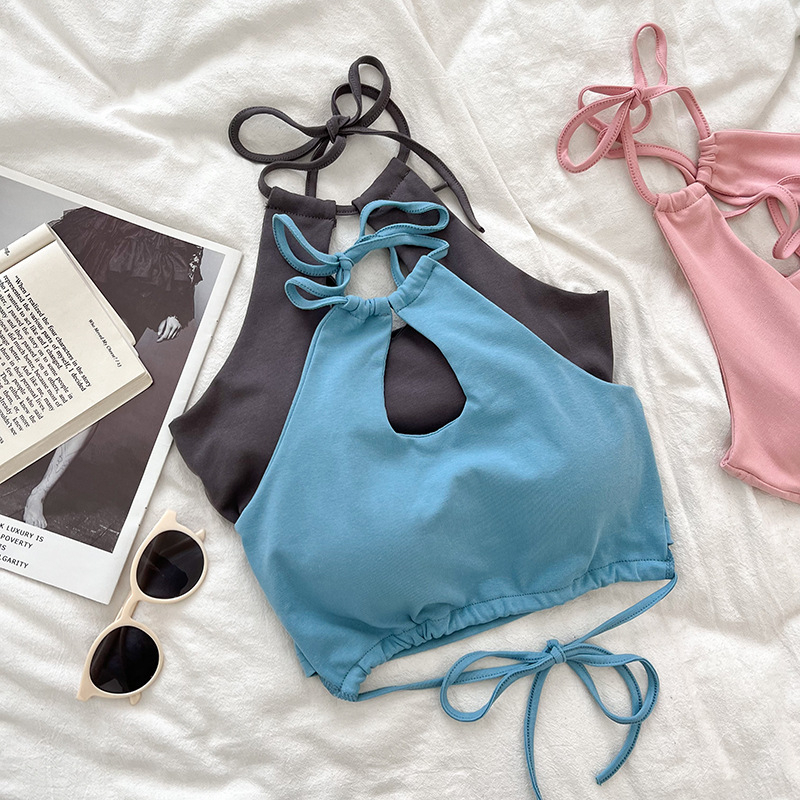 Puuvillane halterneane top naistele, slim-fit, lühike pikkus, selg paljast