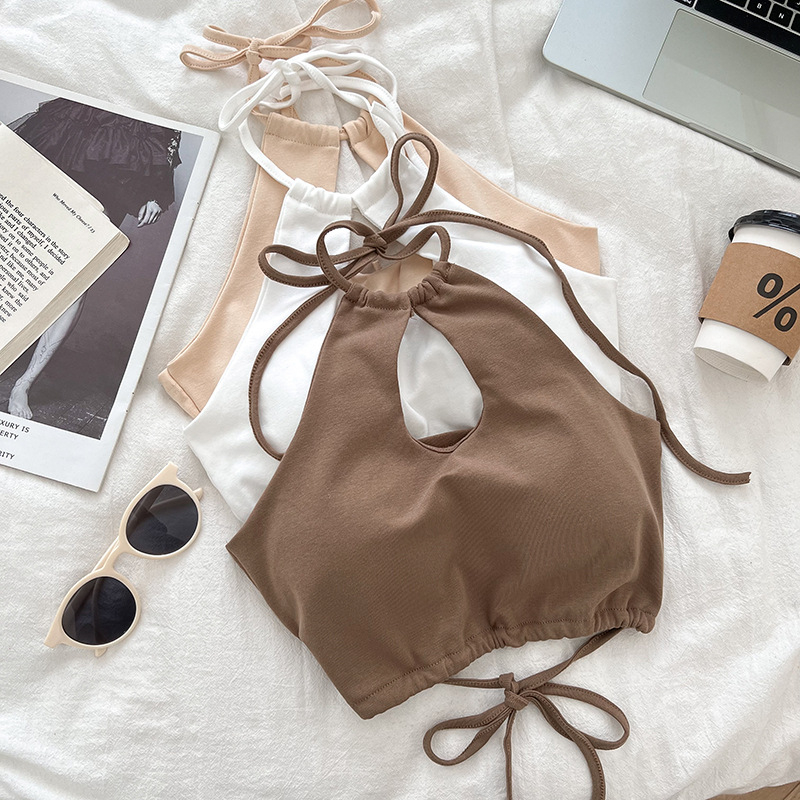 Puuvillane halterneane top naistele, slim-fit, lühike pikkus, selg paljast