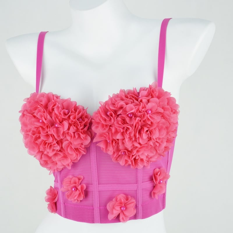 võrgustikust top beaditud 3D lilled, selja korsett, talje pikkus