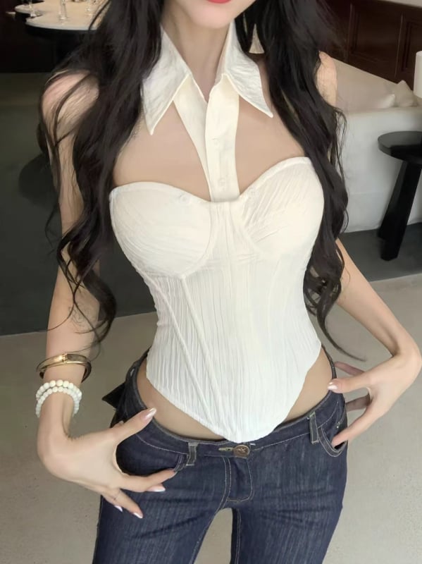 Naine halterneck-tüp-top, kitsas lõige, ultra-lühike pikkus ≤40 cm, polüester, ühtlane muster