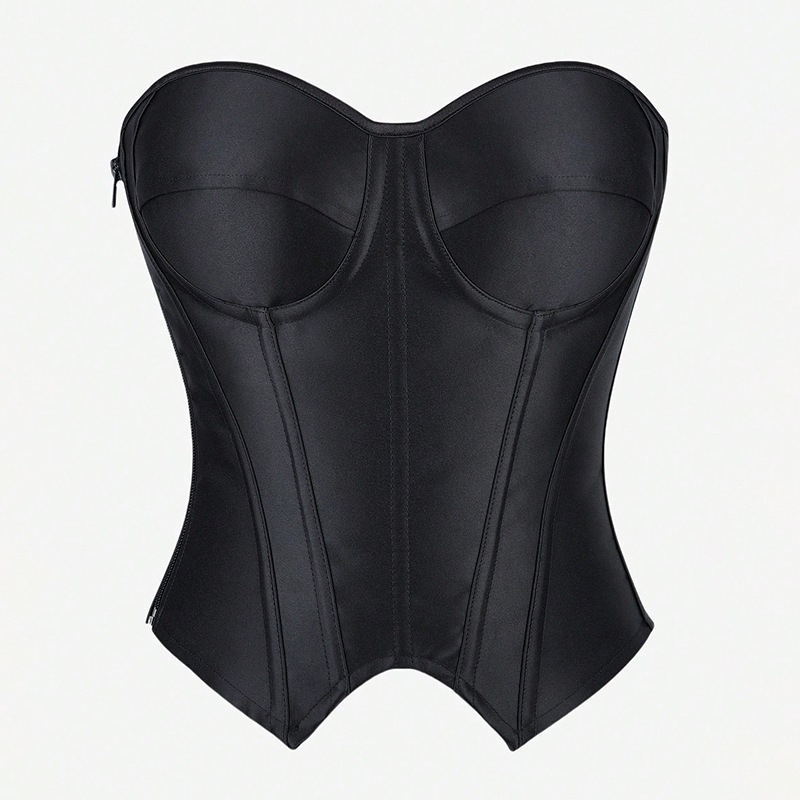 Poliestera korsetes-top bez pleciem ar zivju kaula karkasu, iekšējām krūšu veidošanai, sānu rāvējslēdzējs, vidukļa garums