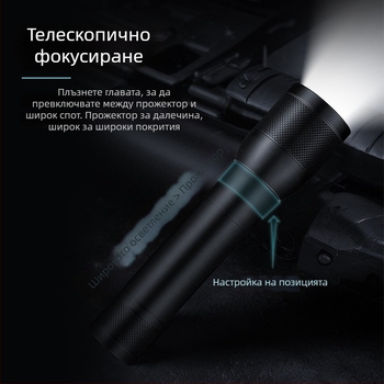 LED фенер с телескопично увеличение, презареждане Type-C, вградена 18650 1200mAh батерия, 10W, обхват над 500 м