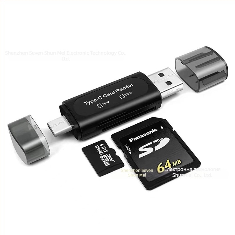 Q-02 2-в-1 OTG четец за карти SD/TF – Type-C/USB 2.0, външен, съвместим с Windows 7