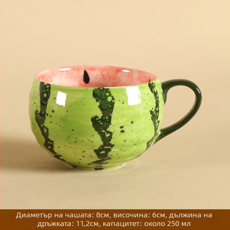 Ръчно рисувана керамична чаша за кафе с дръжка – мотив диня, декорация под глазура, стил свеж и сладък