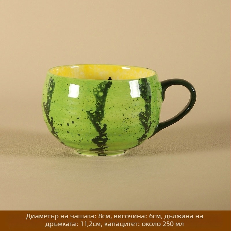Ръчно рисувана керамична чаша за кафе с дръжка – мотив диня, декорация под глазура, стил свеж и сладък