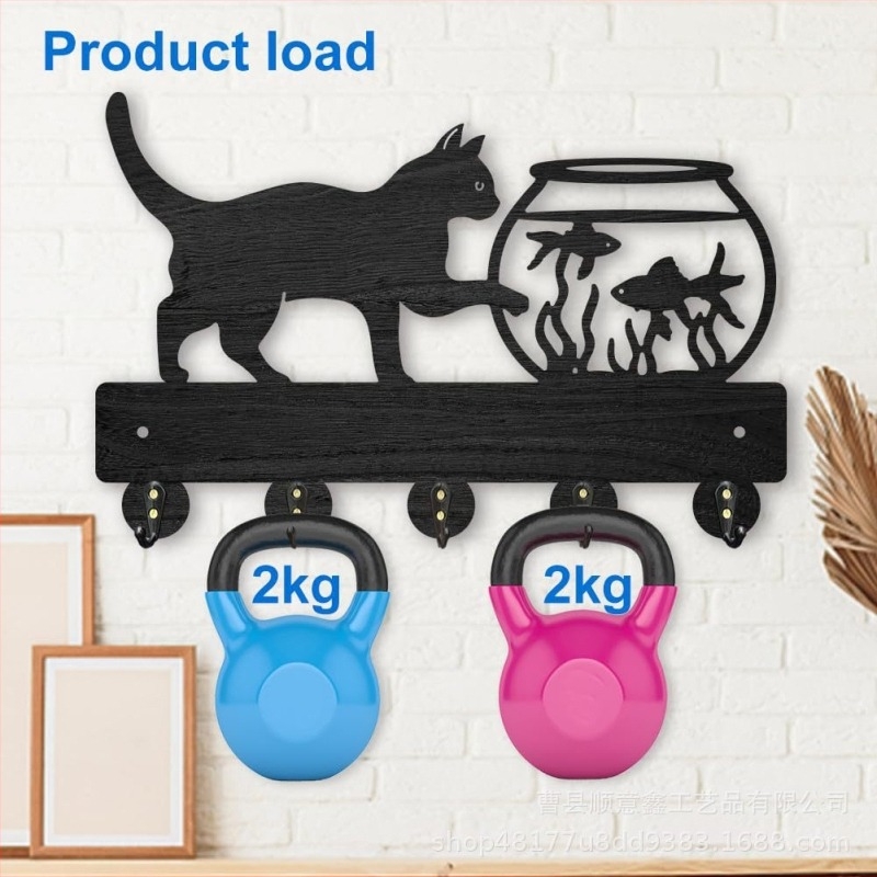 Дървен стенен ключодържател с мотив котка и аквариум, декоративен закачалник, 5 куки, максимално натоварване 2 кг, модерен минималистичен стил