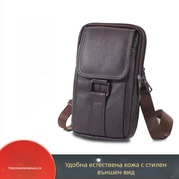Телефонна чанта за мъже, от истинска кожа, двуслойна телешка кожа, цип за отваряне, джоб за ключове, вертикална квадратна форма, бизнес стил, Пролет 2025