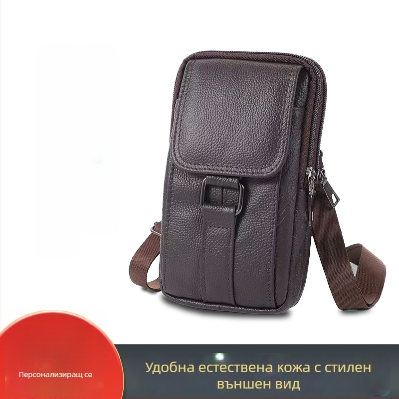 Телефонна чанта за мъже, от истинска кожа, двуслойна телешка кожа, цип за отваряне, джоб за ключове, вертикална квадратна форма, бизнес стил, Пролет 2025