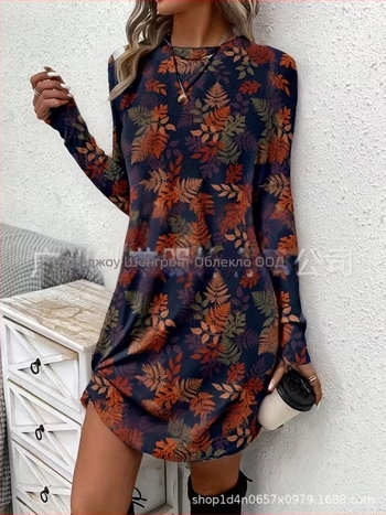 Женска рокля с дълги ръкави, кройка А-линия, с къса пола, полиестер, ботаничен флорален принт