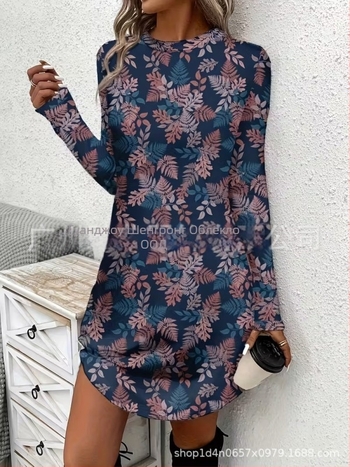 Женска рокля с дълги ръкави, кройка А-линия, с къса пола, полиестер, ботаничен флорален принт