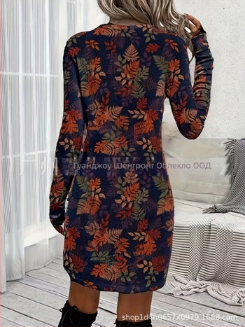 Женска рокля с дълги ръкави, кройка А-линия, с къса пола, полиестер, ботаничен флорален принт