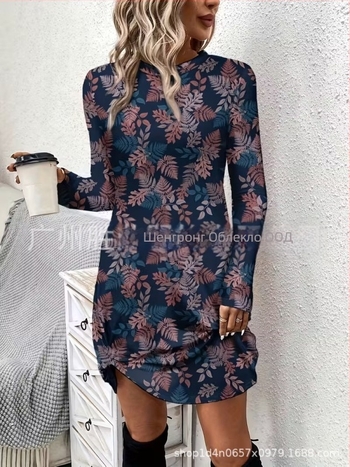 Женска рокля с дълги ръкави, кройка А-линия, с къса пола, полиестер, ботаничен флорален принт