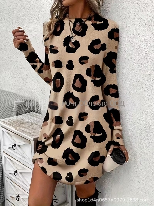 Женска рокля с дълги ръкави, кройка А-линия, с къса пола, полиестер, ботаничен флорален принт