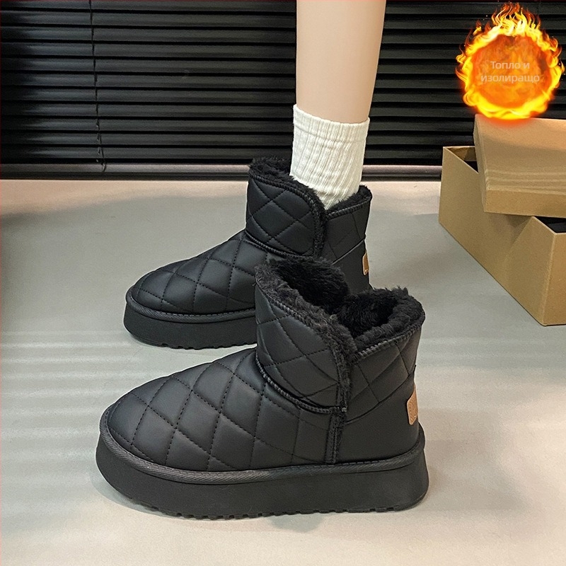 Дамски ботуши за сняг с PU горна част, гумена подметка, подплатени изкуствен къс плюш, стелка с изкуствен пух, висок глезен.