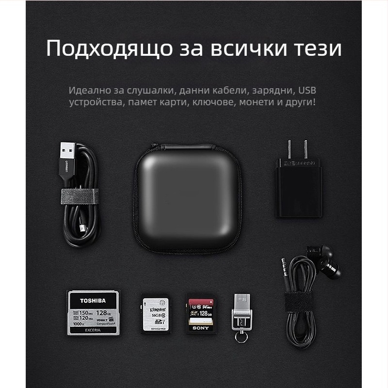 Кутия за съхранение на слушалки – EVA квадратен калъф за слушалки, USB флаш памет и карти памет