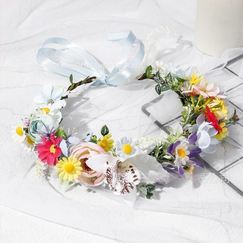 Бохемска цветна гирляндова лента за глава, ръчно плетена материя, елегантен унисекс аксесоар за сватба, пролет 2025