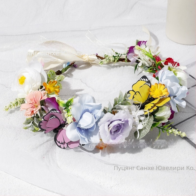 Бохемска цветна гирляндова лента за глава, ръчно плетена материя, елегантен унисекс аксесоар за сватба, пролет 2025