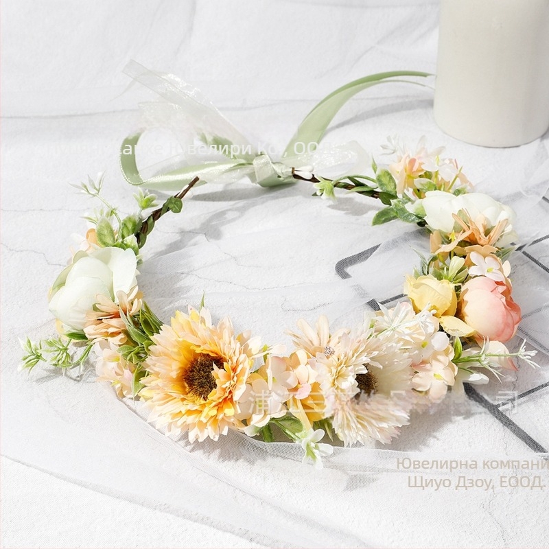 Бохемска цветна гирляндова лента за глава, ръчно плетена материя, елегантен унисекс аксесоар за сватба, пролет 2025